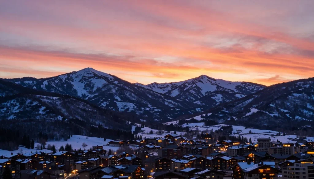 Sunset over Vail mountain with golden light on peaks Sunset over Vail mountain with golden light on peaks