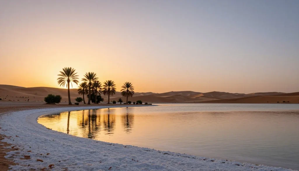 Sunset over salt lakes in Siwa Oasis Egypt with palm trees and golden desert landscape Sunset over salt lakes in Siwa Oasis Egypt with palm trees and golden desert landscape
