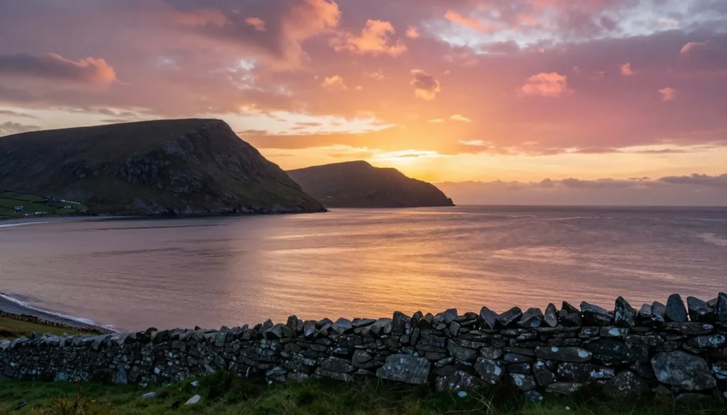 Sunset over the Iveragh Peninsula coastline with dramatic sky colors