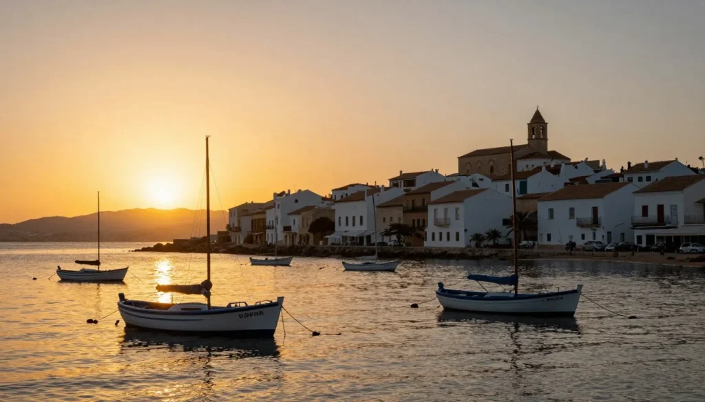 Sunset view over Cadaques bay with boats
