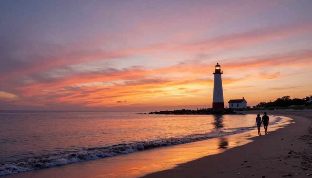 Sunset view over Cape Lookout National Seashore with lighthouse silhouette Sunset view over Cape Lookout National Seashore with lighthouse silhouette