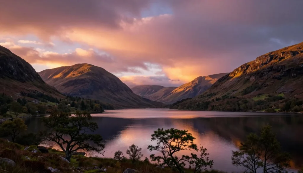 Sunset view over Glenveagh National Park with golden light on mountains