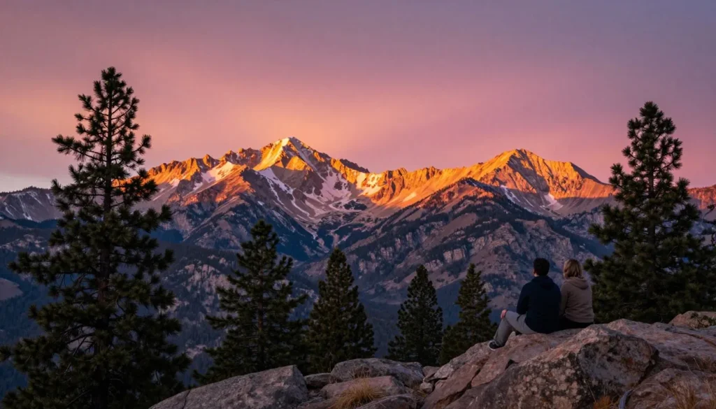 Sunset view over La Sal Mountains with golden light on peaks Sunset view over La Sal Mountains with golden light on peaks