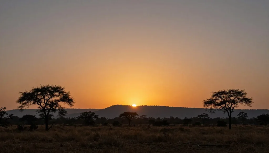 Sunset view over Ranthambore National Park landscape with silhouetted trees