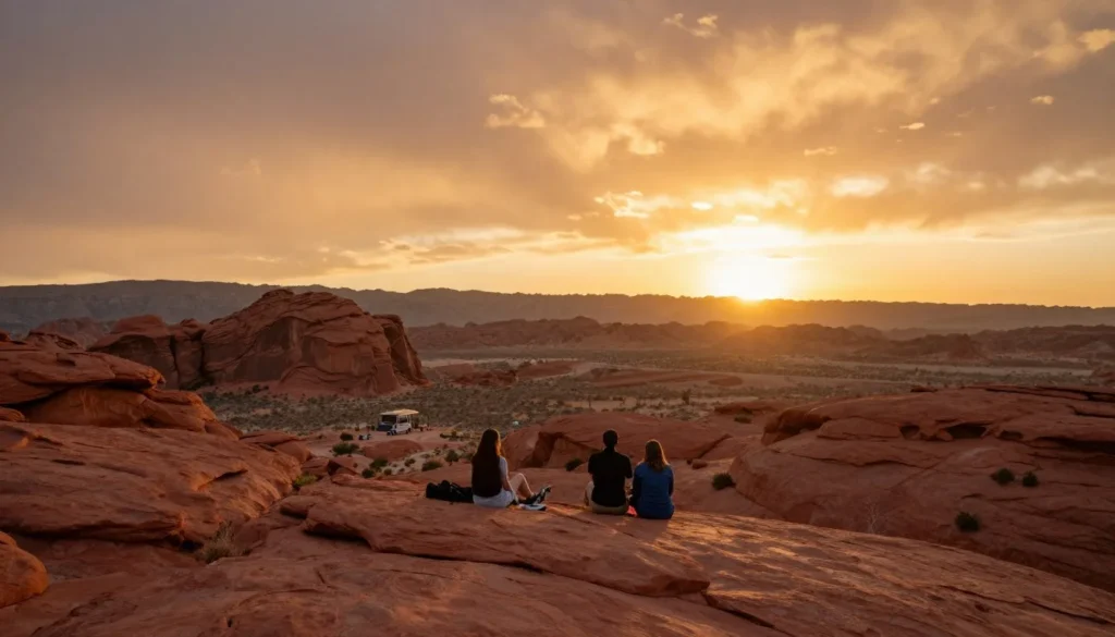 Sunset view over desert landscape from mountain viewpoint