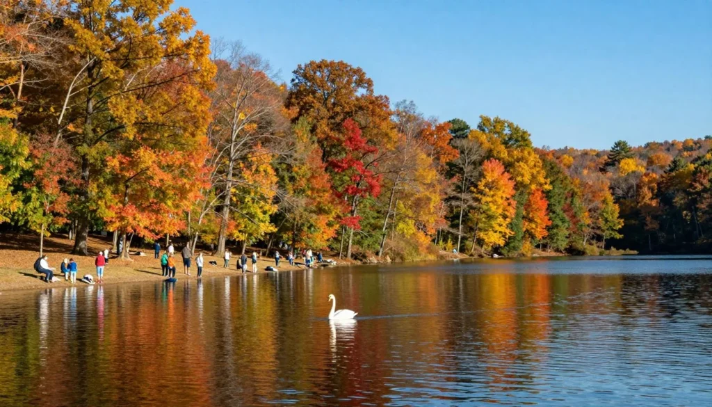 Swan Lake at Dunbar Cave State Park Tennessee reflecting autumn colors