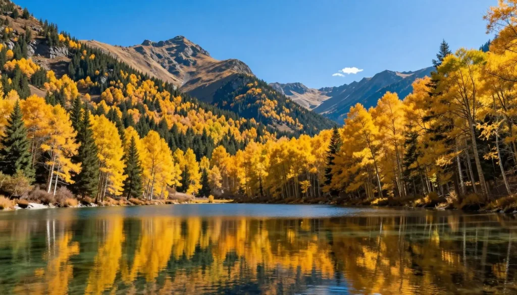 Sylvan Lake State Park autumn landscape with golden aspen trees and mountain lake Sylvan Lake State Park autumn landscape with golden aspen trees and mountain lake