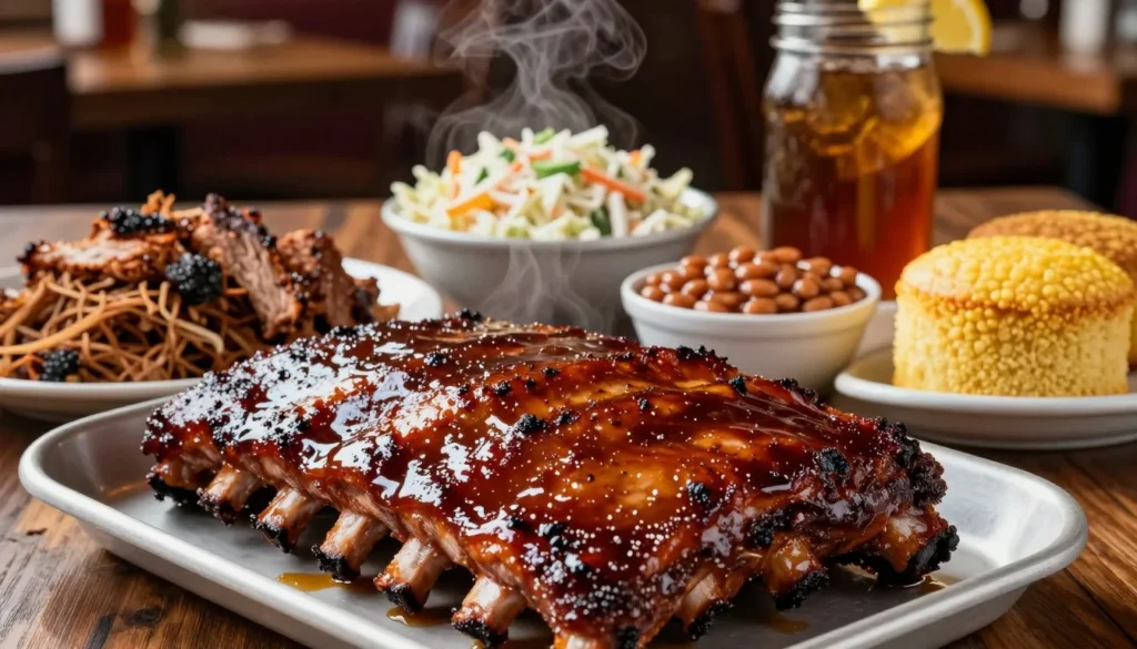 Table spread of Memphis barbecue ribs, pulled pork, and traditional Southern sides Table spread of Memphis barbecue ribs, pulled pork, and traditional Southern sides