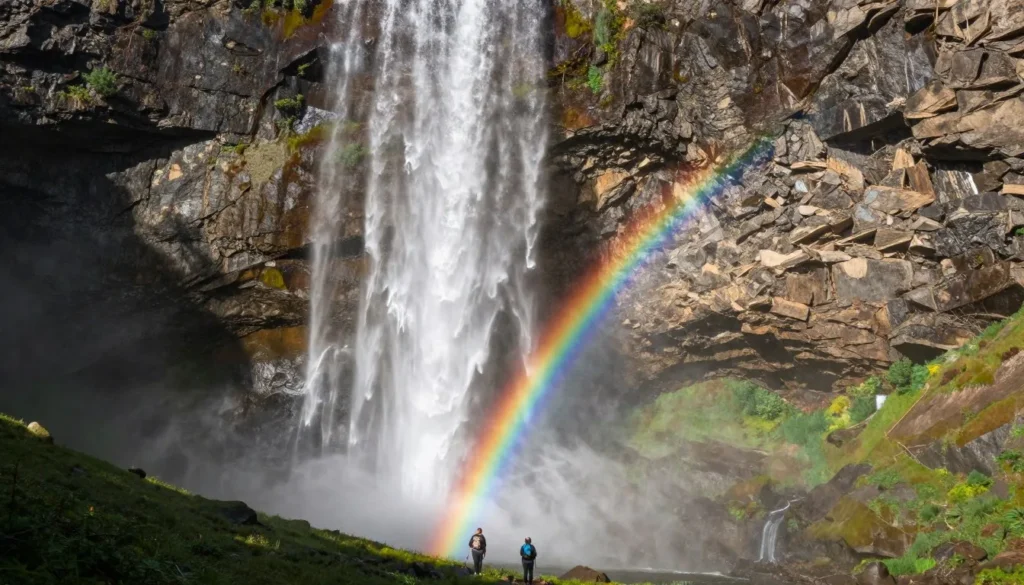 Tall waterfall cascading down rocky cliff with mist and rainbow
