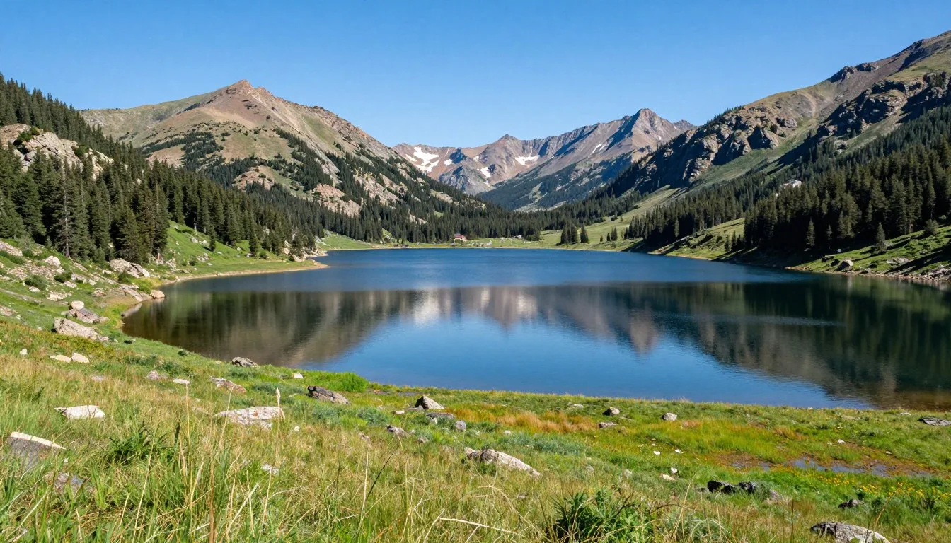Taylor-Park-Reservoir-surrounded-by-mountain-peaks-with-crystal-clear-water-reflecting-summer Taylor Park Reservoir surrounded by mountain peaks with crystal clear water reflecting summer skies