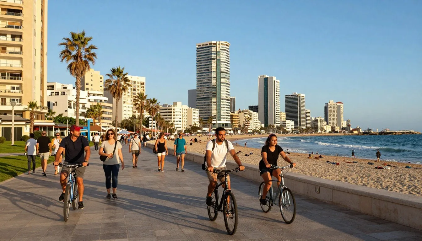 Tel Aviv beachfront promenade with people walking along the Mediterranean coastline during golden hour
