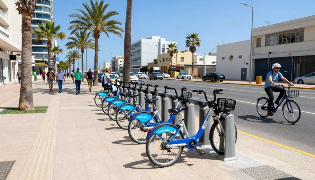 Tel Aviv bicycle sharing station with Tel-O-Fun bikes along a tree-lined street