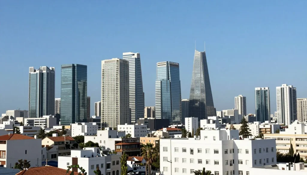 Tel Aviv modern skyline with distinctive skyscrapers and Bauhaus architecture buildings