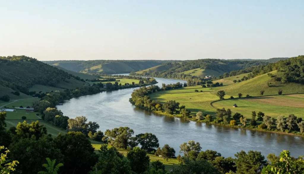 Tennessee River valley landscape with rolling hills and waterway Tennessee River valley landscape with rolling hills and waterway