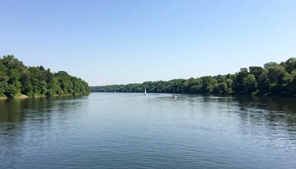 Tennessee River waterway with calm waters and forested shoreline Tennessee River waterway with calm waters and forested shoreline
