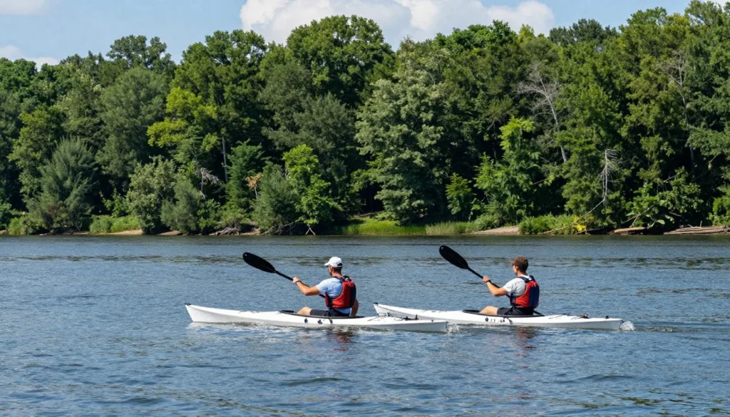 Tennessee River with kayakers enjoying peaceful water Tennessee River with kayakers enjoying peaceful water