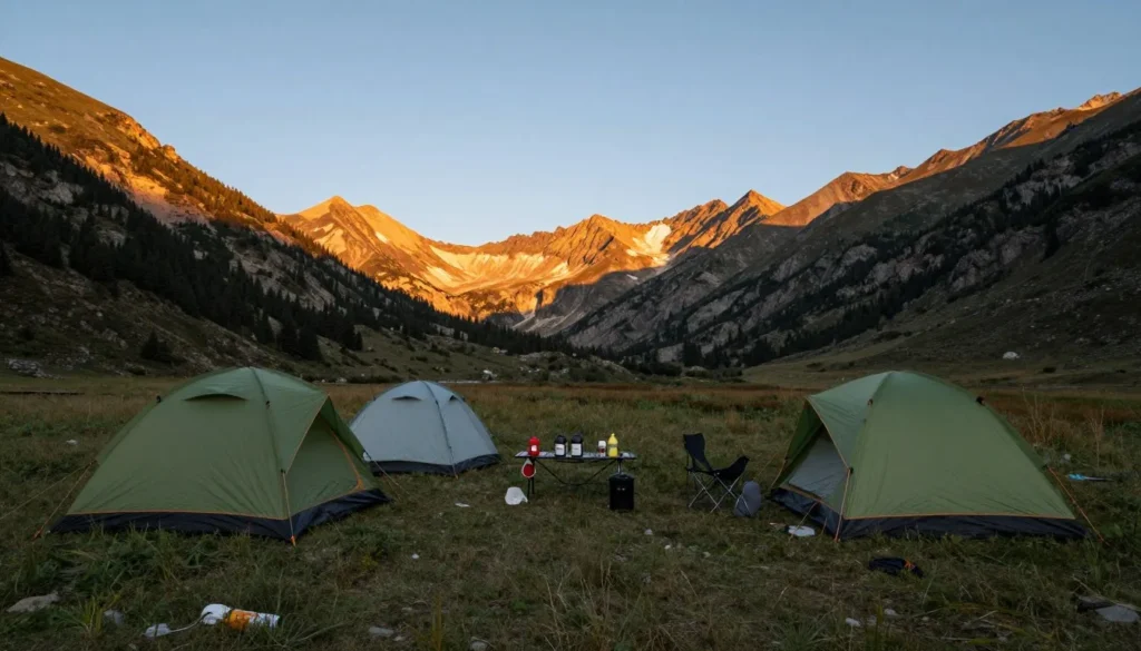 Tent camp in Chicago Basin with sunset light on peaks Tent camp in Chicago Basin with sunset light on peaks
