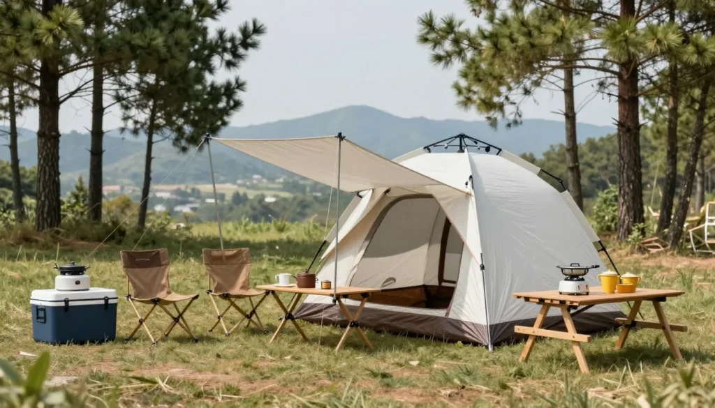 Tent camping setup at affordable campsite with mountain views Tent camping setup at affordable campsite with mountain views