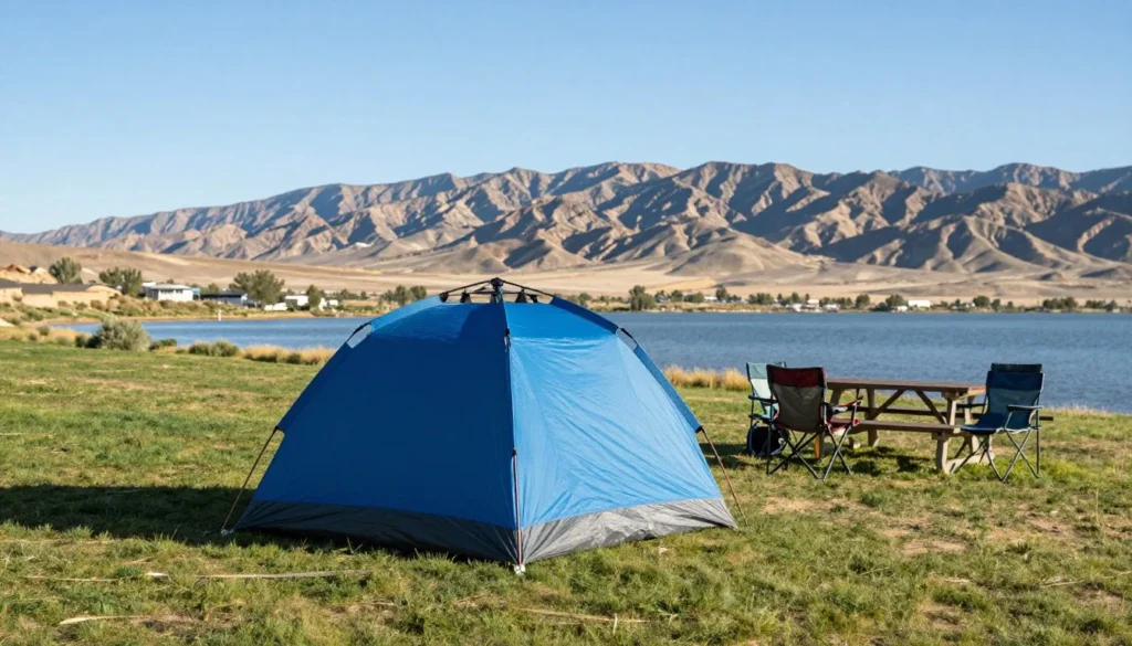Tent camping site at South Fork Reservoir with mountain backdrop