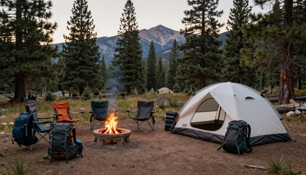 Tent camping site in Colorado forest with mountain views and campfire area Tent camping site in Colorado forest with mountain views and campfire area