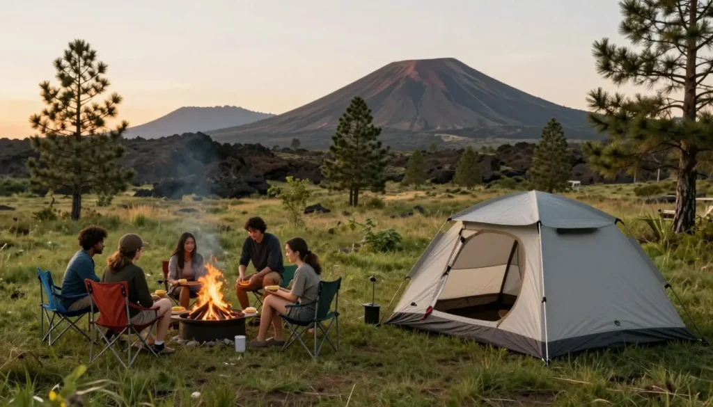 Tent camping site with volcanic landscape view Tent camping site with volcanic landscape view