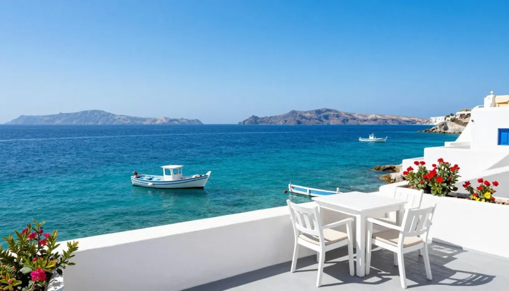 Terrace view from island accommodation showing sea vista with boats and distant islands