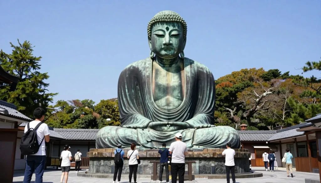 The Great Buddha statue at Kamakura surrounded by tourists