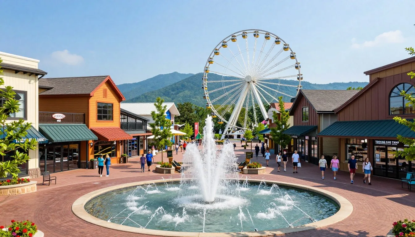 The Island at Pigeon Forge Tennessee with colorful storefronts and dancing fountains