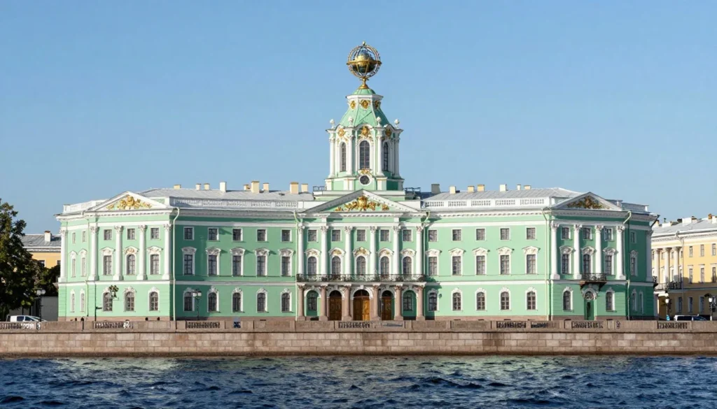 The distinctive baroque Kunstkamera building with its green and white facade and tower on Vasilievsky Island waterfront The distinctive baroque Kunstkamera building with its green and white facade and tower on Vasilievsky Island waterfront