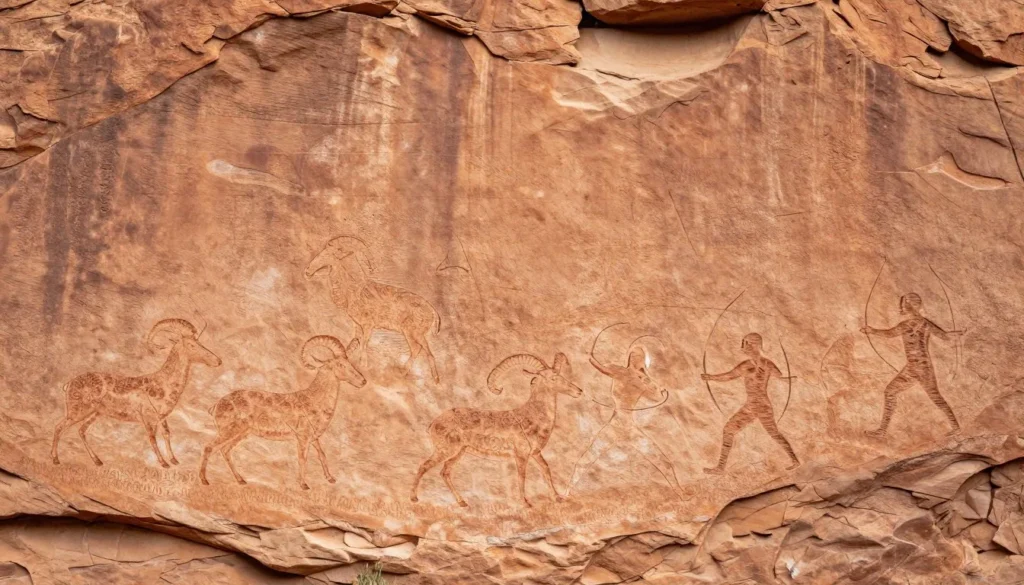 The famous Great Hunt Panel rock art in Nine Mile Canyon showing ancient hunting scene The famous Great Hunt Panel rock art in Nine Mile Canyon showing ancient hunting scene