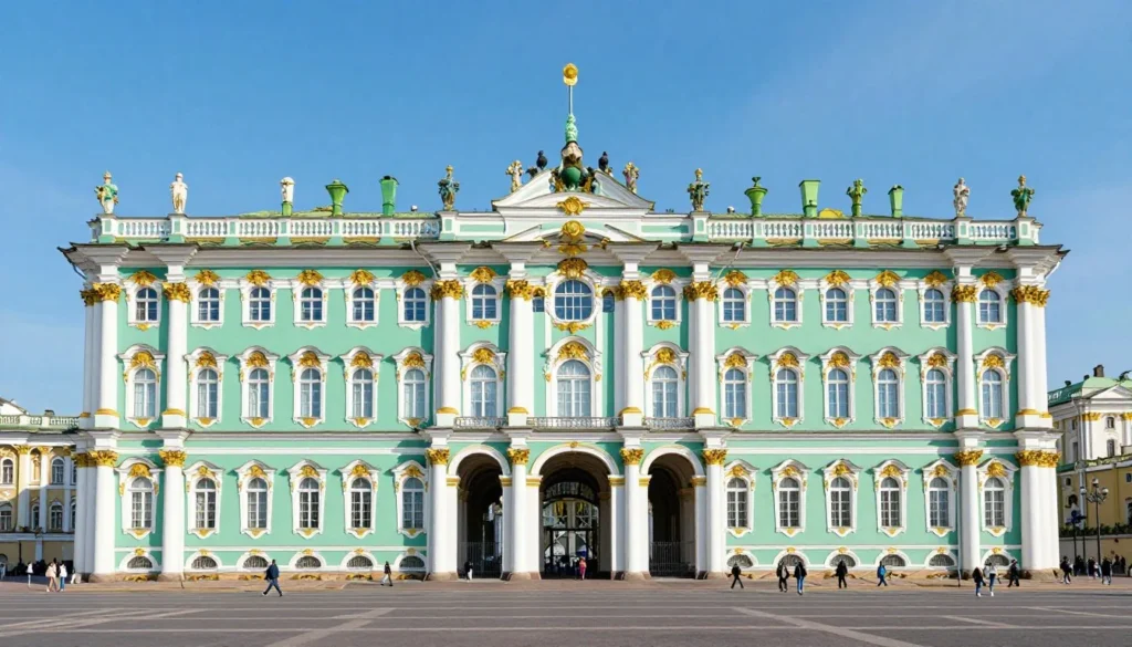 The magnificent State Hermitage Museum Winter Palace facade with its distinctive baroque architecture and mint green and white colors viewed from Palace Square The magnificent State Hermitage Museum Winter Palace facade with its distinctive baroque architecture and mint green and white colors viewed from Palace Square