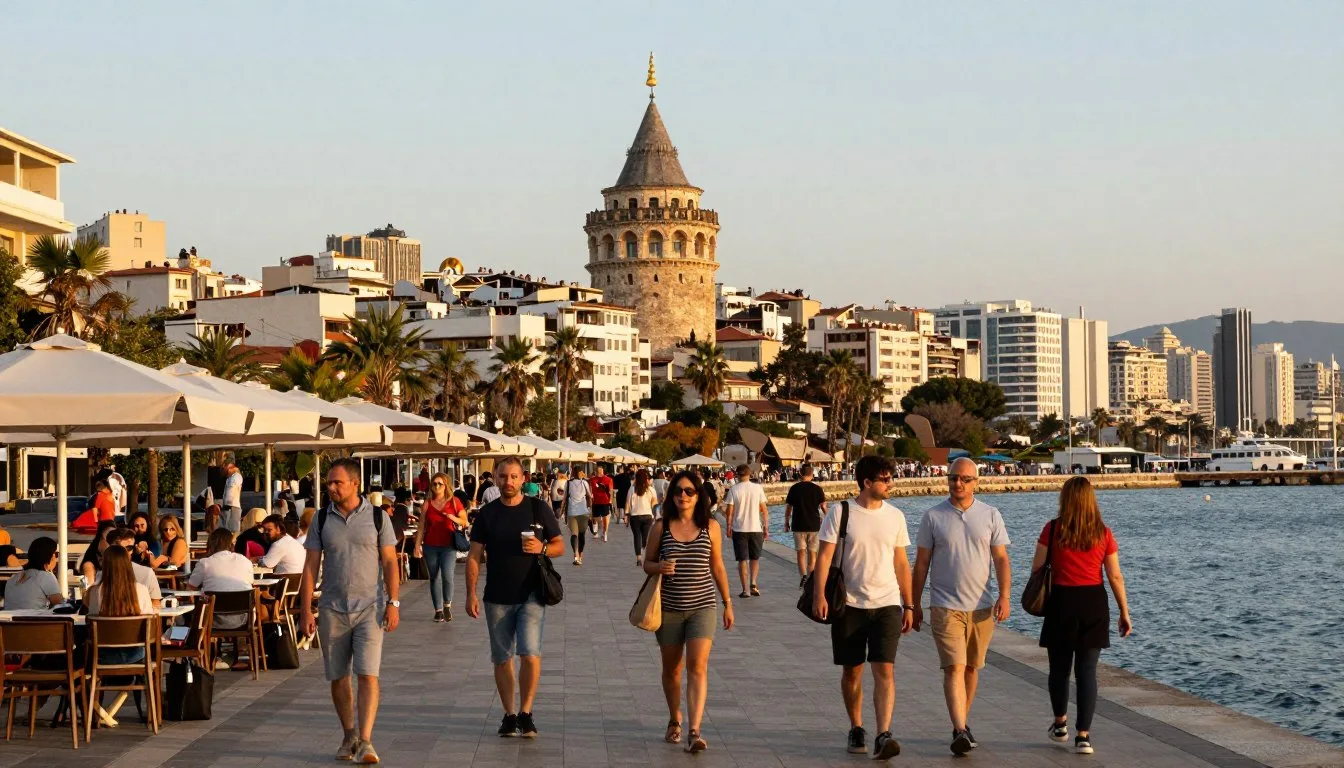Thessaloniki waterfront promenade during golden hour with the White Tower and people walking along the seafront