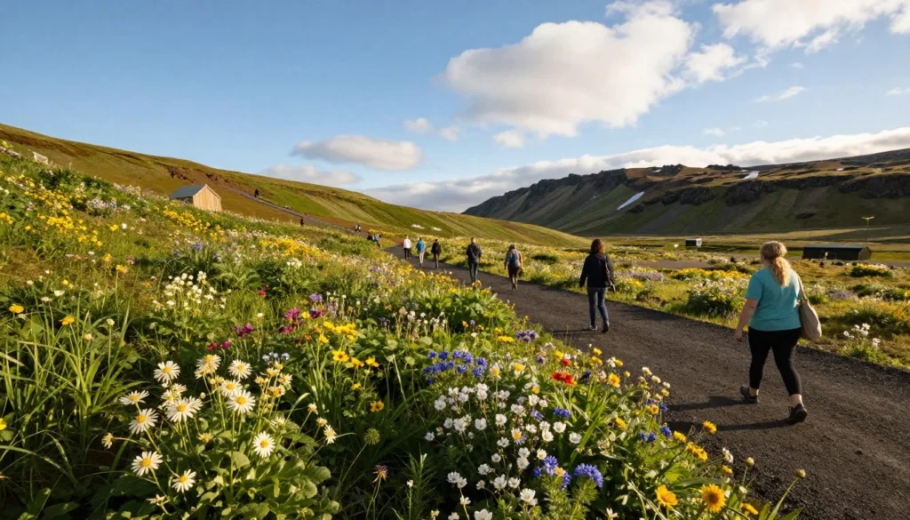 Thingvellir National Park Iceland in summer with blooming wildflowers and tourists Thingvellir National Park Iceland in summer with blooming wildflowers and tourists