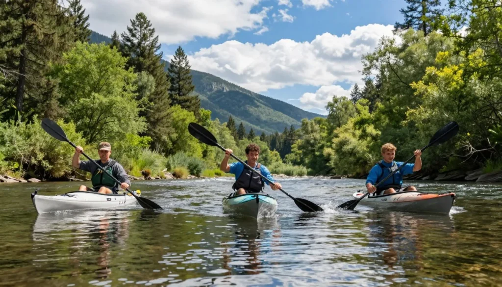 Three kayakers paddling on calm mountain river Tennessee Three kayakers paddling on calm mountain river Tennessee