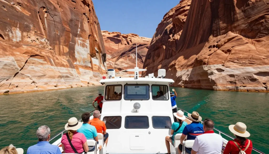 Tour boat navigating through narrow red rock canyon on Lake Powell