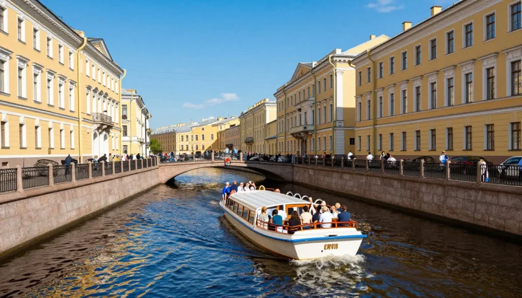 Tourist boat cruising along the historic canals of Saint Petersburg with colorful buildings lining the waterway and small bridges crossing overhead Tourist boat cruising along the historic canals of Saint Petersburg with colorful buildings lining the waterway and small bridges crossing overhead