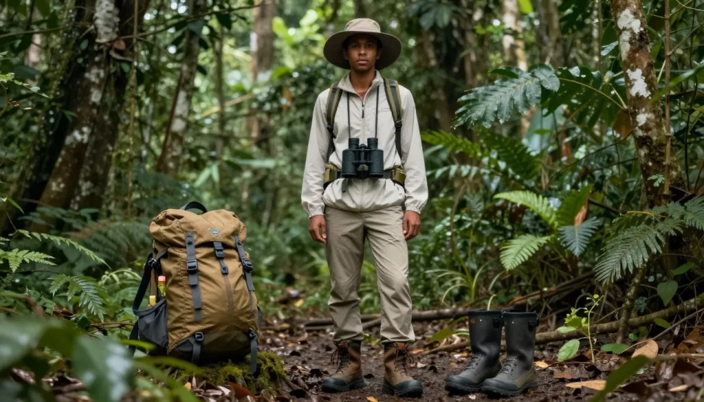 Tourist with proper rainforest gear in Tortuguero