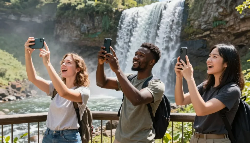 Tourists admiring Cullasaja Falls from viewing area Tourists admiring Cullasaja Falls from viewing area