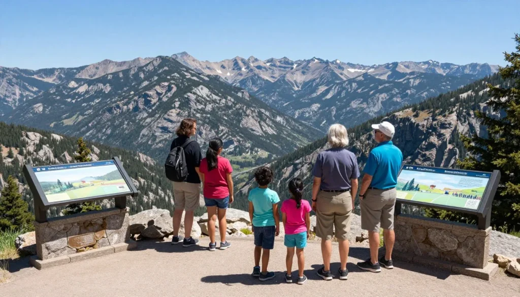 Tourists at Many Parks Curve overlook viewing Rocky Mountain panorama Tourists at Many Parks Curve overlook viewing Rocky Mountain panorama