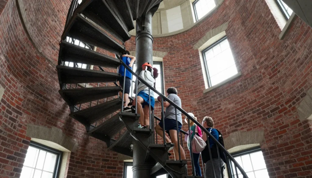 Tourists climbing the Cape Lookout Lighthouse interior staircase viewing historic features Tourists climbing the Cape Lookout Lighthouse interior staircase viewing historic features