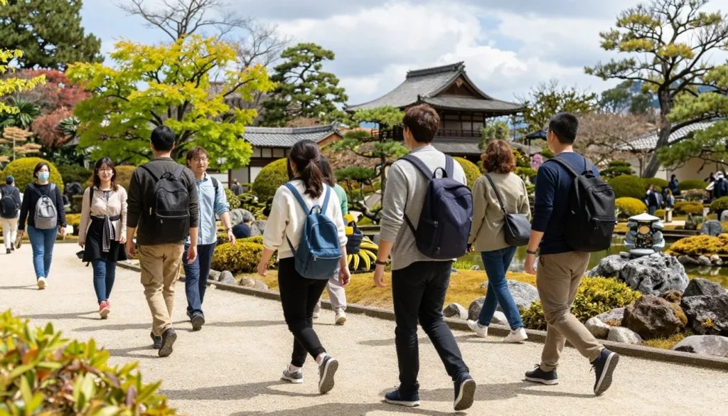 Tourists dressed appropriately walking through a Japanese garden in pleasant weather