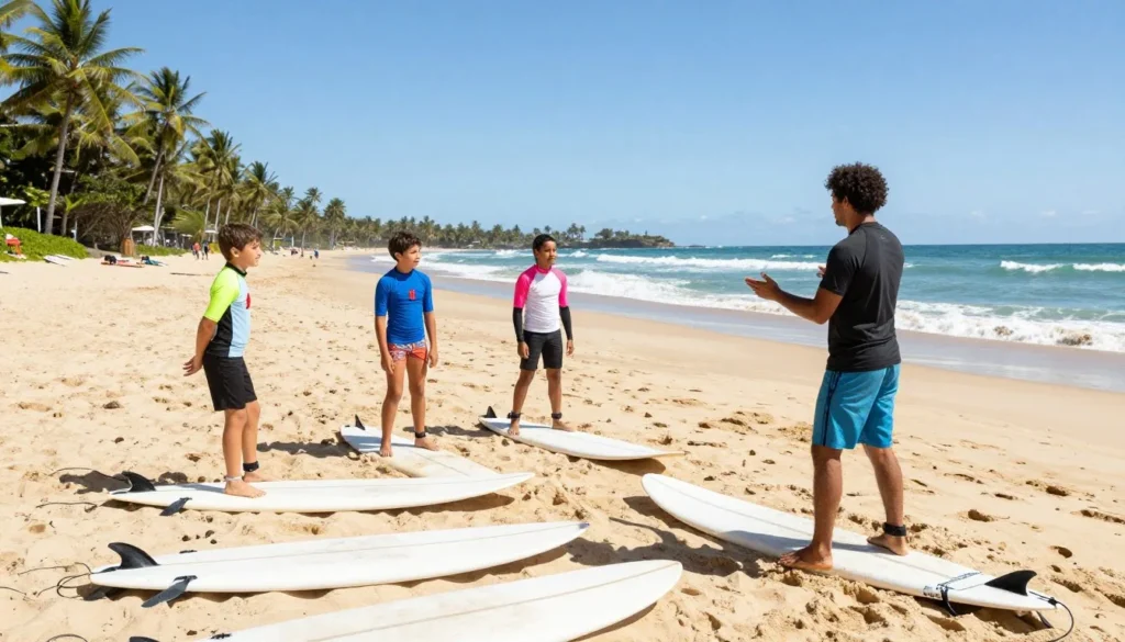 Tourists enjoying surf lesson at Jaco Beach with instructor