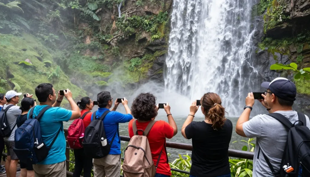 Tourists enjoying the view at Dry Falls waterfall observation area Tourists enjoying the view at Dry Falls waterfall observation area