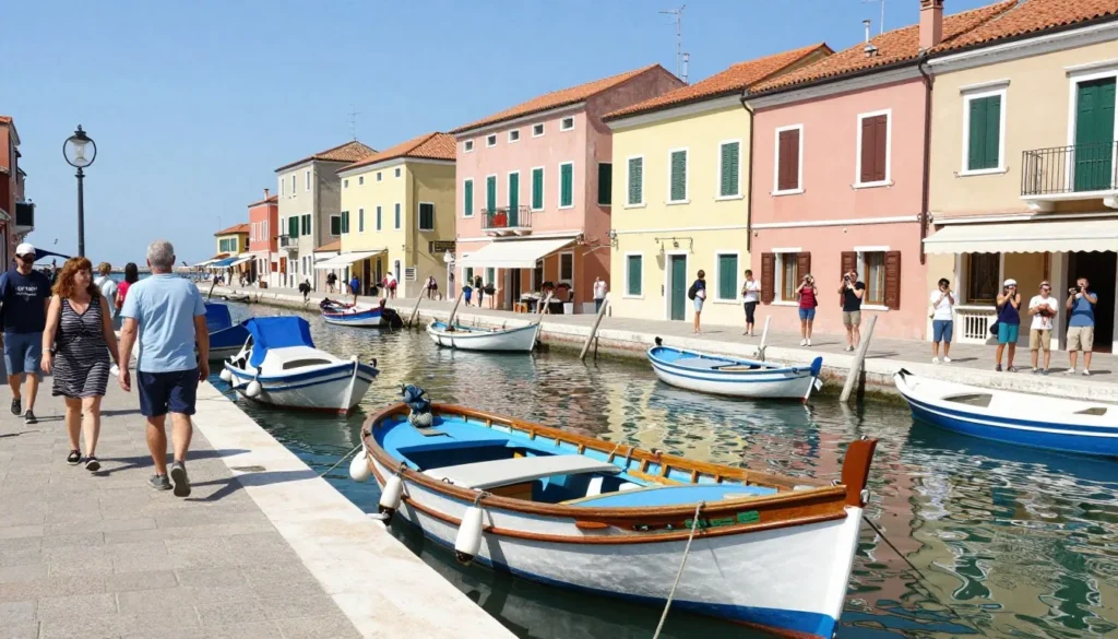 Tourists exploring historic Leonardo da Vinci canal port in Cesenatico with traditional colorful fishing boats