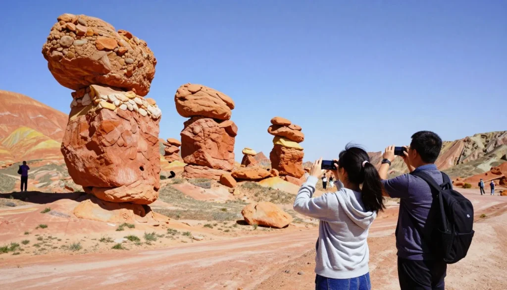Tourists photographing colorful stacked boulders at Seven Magic Mountains Tourists photographing colorful stacked boulders at Seven Magic Mountains