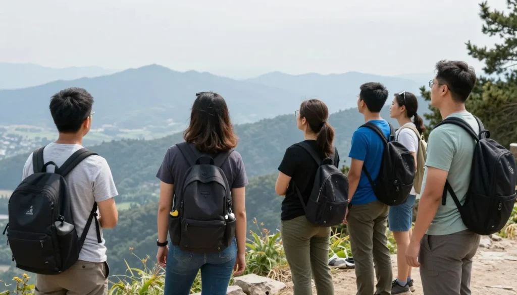 Tourists viewing mountain scenery from high elevation vantage point