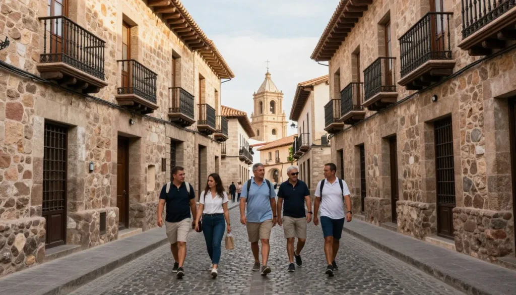 Tourists walking through Cuenca's narrow pedestrian streets between colorful historic buildings