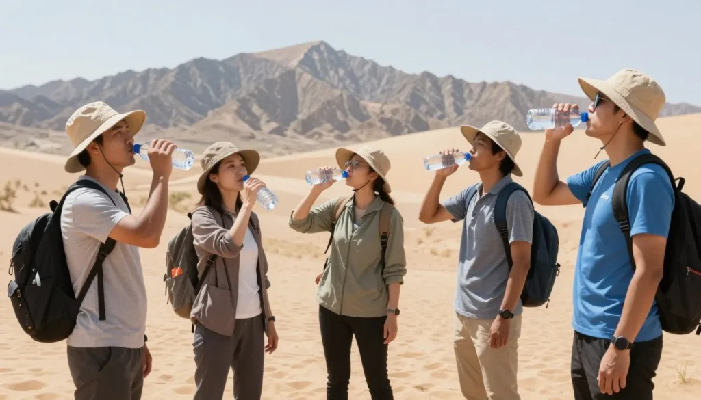 Tourists with water bottles staying hydrated in desert Tourists with water bottles staying hydrated in desert