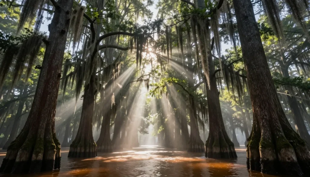 Towering old-growth cypress forest with massive trunks and Spanish moss at Bushy Lake State Natural Area Towering old-growth cypress forest with massive trunks and Spanish moss at Bushy Lake State Natural Area