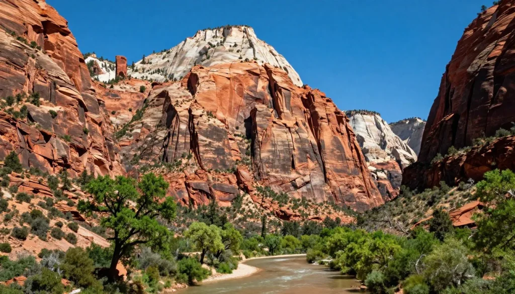 Towering red rock cliffs and canyon walls of nearby Zion Towering red rock cliffs and canyon walls of nearby Zion